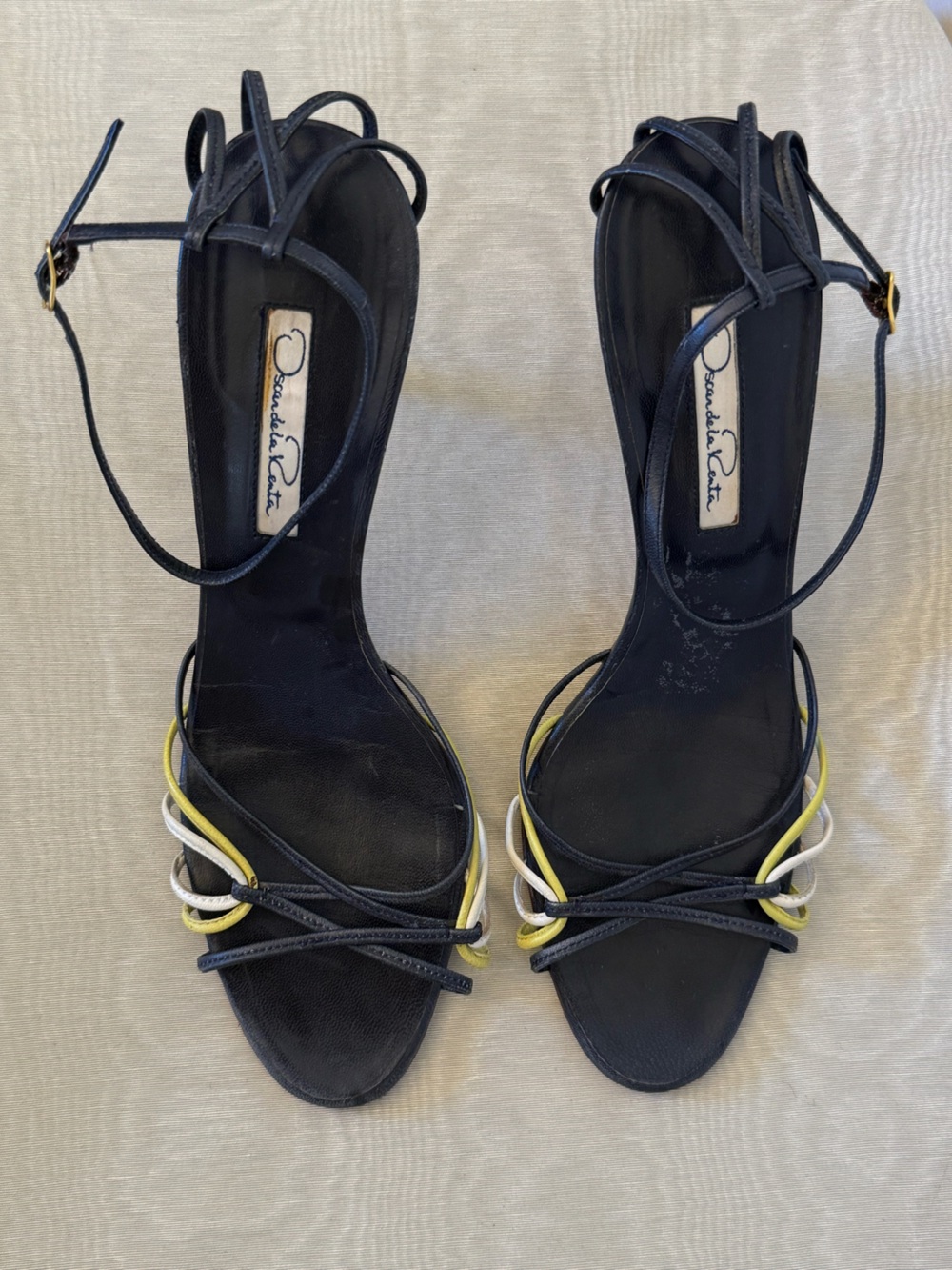 Oscar de la Renta Strappy Heels Sandals 39 Navy Yellow White Y2K Italy